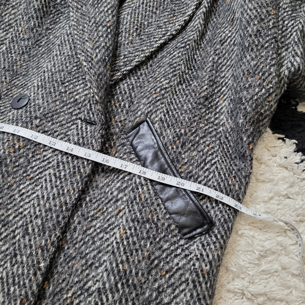 Vintage 80s wool leather tweed jacket coat oversized - Picture 13 of 16